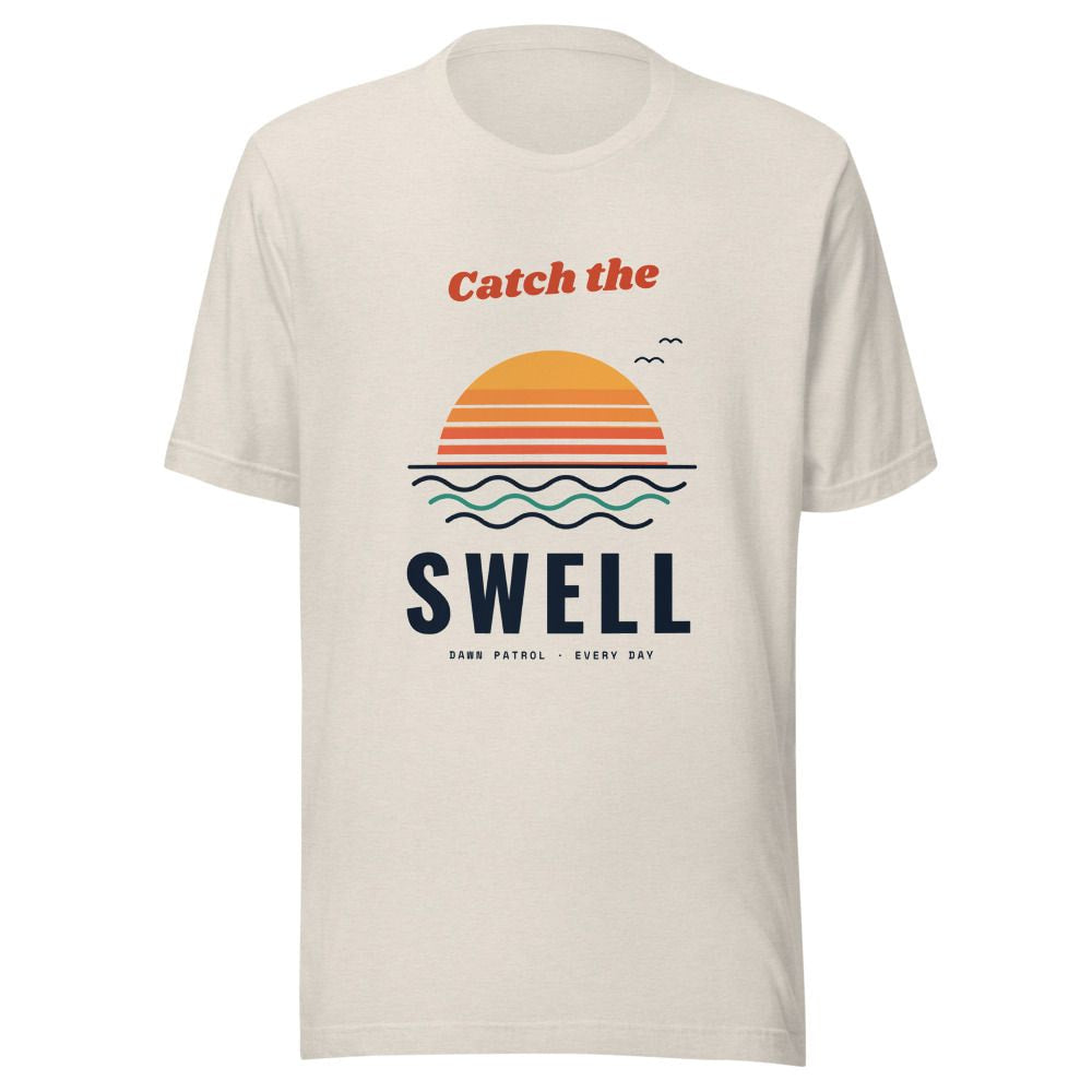 Catch the Swell Retro Sunset Surf T-Shirt - Heather Dust