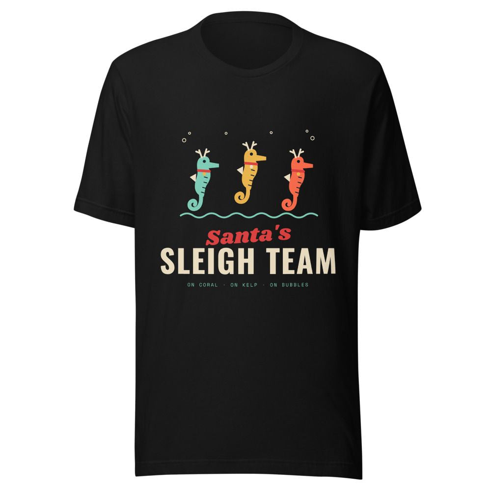 Santa's Sleigh Team Seahorse Reindeer Christmas T-Shirt - Black