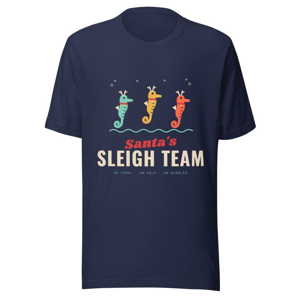 Santa's Sleigh Team Seahorse Reindeer Christmas T-Shirt - Navy