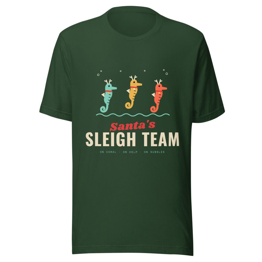 Santa's Sleigh Team Seahorse Reindeer Christmas T-Shirt - Forest