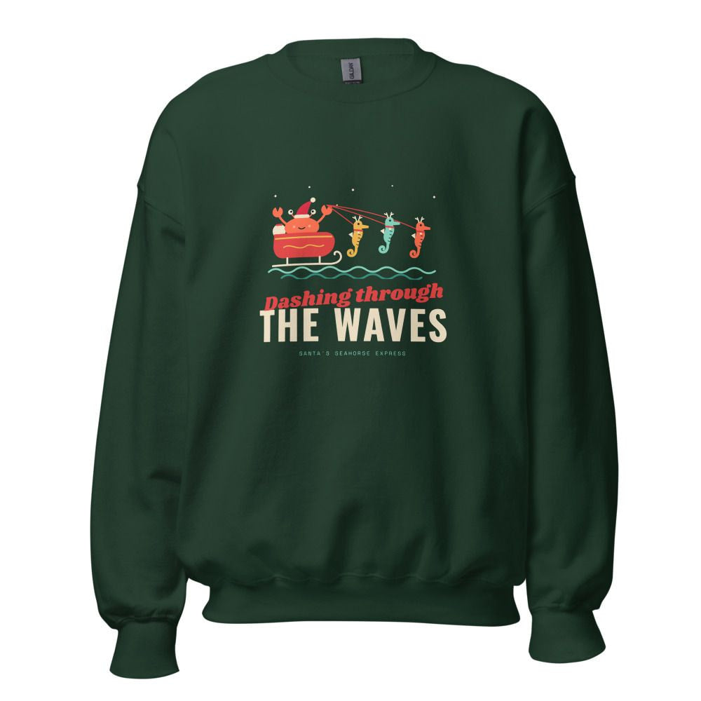 Dashing Through the Waves Christmas Sweatshirt - Forest Green