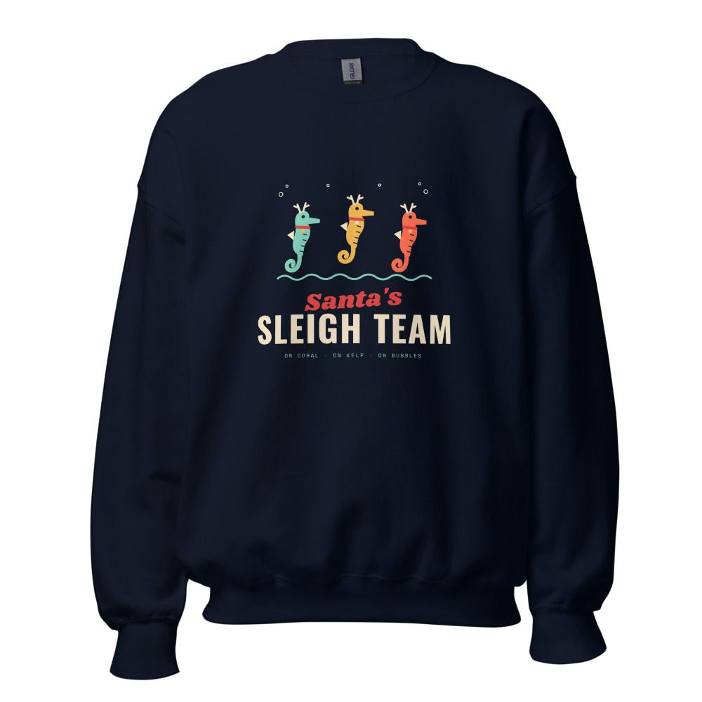 Santa's Sleigh Team Seahorse Reindeer Christmas Sweatshirt - Navy