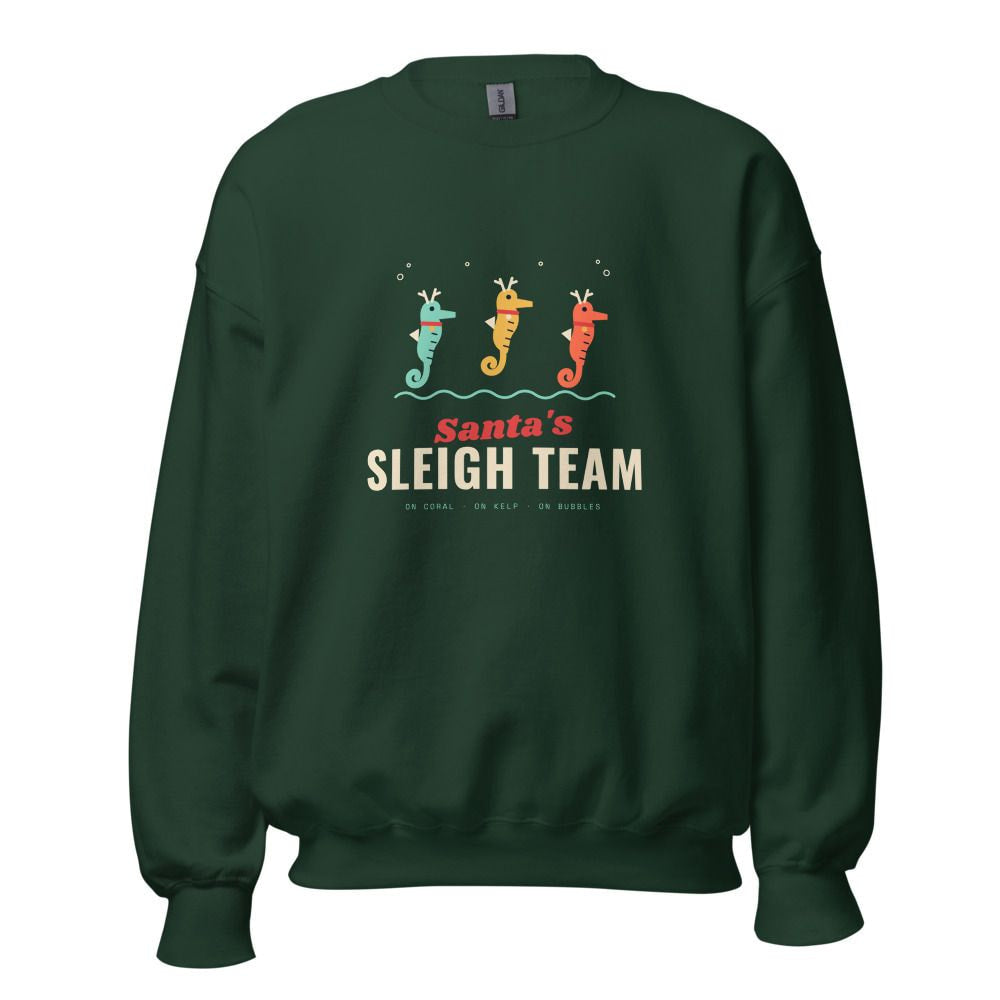 Santa's Sleigh Team Seahorse Reindeer Christmas Sweatshirt - Forest Green